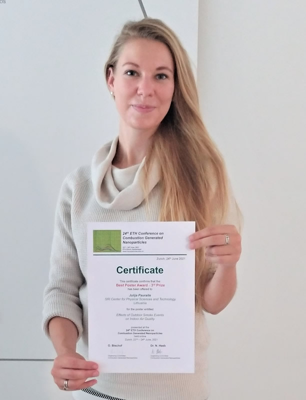 Dr. Julija Pauraitė with the best poster award certificate, 3rd place